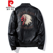 皮爾卡丹（pierre cardin）印第安人刺繡男士皮衣加絨加厚帥氣皮夾克男機車(chē)服飛行員潮流外套 2035黑色【加絨款】 棒球領(lǐng) M 建議90-105斤