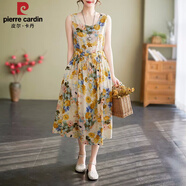 皮爾卡丹（pierre cardin）新款亞麻連衣裙女夏季棉麻碎花中長(zhǎng)款A(yù)字裙無(wú)袖背心 8725#黃色花 M 【90-110斤】