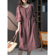 原形苧麻連衣裙女中長(cháng)款2024春夏季新款韓版寬松顯瘦設計感裙子 霧灰紫 XL