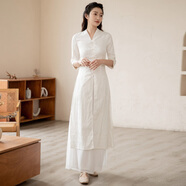 禪服佛系女春秋款茶服禪意文藝中國風(fēng)套裝中式改良棉麻白色素衣 白色套裝 M