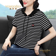 梵喬希品牌定制連帽T恤女短袖夏季新款休閑寬松顯瘦時(shí)尚條紋上衣潮 黑底白條 4XL