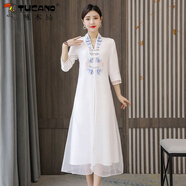 啄木鳥(niǎo)中國風(fēng)改良漢服連衣裙刺繡復古民族風(fēng)中式旗袍禪意茶服女裝2025夏 白色刺繡款 M