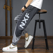 杰柏度工裝休閑褲男士牛仔褲男束腳春夏款寬松彈力大碼修身九分青年長(cháng)褲 8630黑色常規 L 體重110-130斤