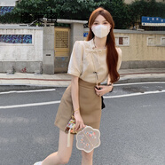 唐菓蜜新中式國風(fēng)連衣裙女2024夏季新款女裝小個子甜美風(fēng)旗袍裙套裝裙子 杏色上衣+卡其裙子 M