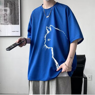 嘉曄（JIAYE）華夫格男設計感小眾oversize夏季潮牌男生重磅七分袖T恤半袖 藍色 L