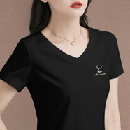 UNAE短袖t恤女2025夏季薄款修身顯瘦繡花女士V領(lǐng)上衣韓版正肩半袖體恤 8220102款黑色 XL 【110-120斤】