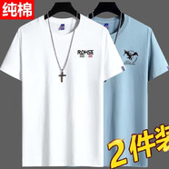 卡帝自由保羅短袖男【純棉t恤2件裝】新品短袖t恤男青年圓領(lǐng)純棉T恤男生百搭休閑大碼男裝純色上衣 ES白+小飛鷹霧霾藍 M建議100-120斤