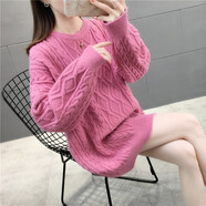記述新款女裝中長(zhǎng)款寬松半高領(lǐng)加厚保暖毛衣女寬松慵懶風(fēng)撞色針織上衣 B款粉色 #L(建議95-115斤)