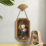hoogerart 法式復(fù)古植物花卉裝飾畫(huà)美式餐廳臥室懷舊壁畫(huà)珍珠項(xiàng)鏈八角掛畫(huà) A款-金色珊瑚紋八角框+扇子 畫(huà)框尺寸23*35cm 啞光玻璃（真玻璃）