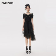 FIVE PLUS高腰連衣裙女夏季新款女裝復(fù)古不規(guī)則拼接網(wǎng)紗小黑裙商城同款 黑色090 M