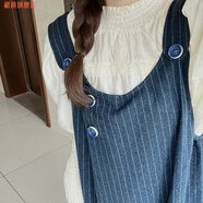 藏顏新款學院風甜美藏青色毛呢背心連衣裙子女學生+蕾絲花邊襯衫兩件 【單件】花邊襯衫 L