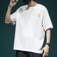 依郎酷男士短袖t恤男純棉寬松休閑五分袖男生半截袖潮牌打底衫刺繡體恤 白色 XL【145-160斤】