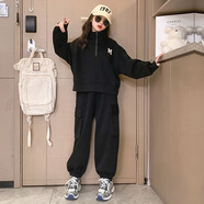 諾佳微淇女童春秋套裝2025新款女孩休閑中大兒童冬季加絨加厚兩件套衣服潮 黑色 160