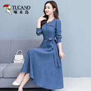 啄木鳥(niǎo)長(cháng)袖時(shí)尚棉麻連衣裙女2025春秋新款韓版高貴氣質(zhì)修身顯瘦中長(cháng)裙子 牛仔藍色 3XL 建議130-145斤