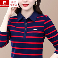 皮爾卡丹（pierre cardin）條紋長袖t恤女純棉翻領2025新款夏裝有領上衣帶領打底衫針織 紅藍條紋P2248長袖 M