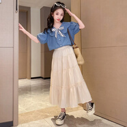 卡兔藍貓（KATULANMAO）女童夏款套裝裙子2023新款中大童夏季半身裙兒童洋氣短袖兩件套裙 娃娃領(lǐng)牛仔襯衫+蛋糕裙 150cm