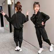 芭梵鼠女童套裝春秋工裝褲兒童裝女中大童蝙蝠衫休閑外套運(yùn)動(dòng)褲兩件套新款韓版小女孩衣服6-15歲潮 黑色 130
