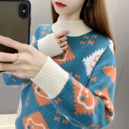 施洛瀾 半高領(lǐng)加厚毛衣女士2025秋冬裝新款寬松保暖打底衫長袖上衣針織 孔雀藍 均碼 建議90-135斤