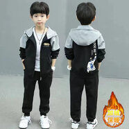 Helichong男童春秋裝套裝運動(dòng)新款中大童時(shí)髦兩件套帥氣男孩連帽衛衣套裝 個(gè)性黑套裝 加絨 140 建議身高1.25-1.35米