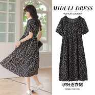 米度麗孕婦連衣裙夏季薄款長(cháng)裙雪紡裙子夏天仙女裙大碼孕婦裝夏裝 黑色 M（建議80-110斤左右）