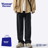 WASSUP HERMU官方牛仔褲男春夏季復(fù)古美式潮牌黃泥染直筒褲水洗做舊休閑長(zhǎng)褲子 黑色（款） 常規(guī) 2XL（推薦155-175斤）