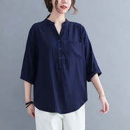 萌菲思肥胖女裝加大碼200斤胖妹妹穿的夏季肥婆衣服復(fù)古文藝短袖遮肚子 藏青色 4XL【建議160-180斤】