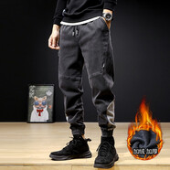 古先森束腳牛仔褲男寬松秋冬季加絨哈倫褲男士束腳褲男休閑彈力長(cháng)褲子男 黑灰色加絨 M (體重110-130斤)