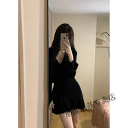 浪莎純欲風辣妹性感V領針織連衣裙女秋冬新款荷葉邊喇叭袖修身小黑裙 黑色短裙 M【韓劇穿搭套裝/秋裝搭配一整套