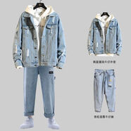 摘星少年牛仔外套男款秋季韓版潮流寬松運動(dòng)一套衣服2024帥氣套裝休閑夾克 兩件套（J07淺藍+牛仔褲） 2XL