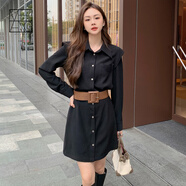 美洋（MEIYANG）艾菲爾連衣裙時(shí)尚立體直角肩柔美干練長(cháng)袖收腰襯衫短裙 黑色 XS