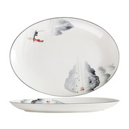 紅牡丹 陶瓷盤(pán)子釉中彩骨碟中式菜盤(pán)家用碟子微波爐飯盤(pán)骨瓷餐具盤(pán)子 江山如畫(huà)12英寸月光魚(yú)盤(pán)1個(gè)