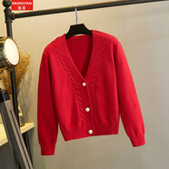 尚濤針織衫女開(kāi)衫秋冬女裝新款韓版寬松百搭保暖長(cháng)袖外套毛衣女短款 紅色 L 建議100-110斤