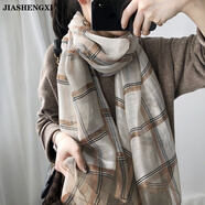 JIASHENGXI春秋真絲羊毛百搭圍巾女金線(xiàn)大格子絲巾秋季桑蠶絲薄披肩長(cháng)款紗巾 米色