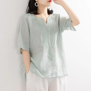 晉影2025夏新款新中式棉麻T(mén)恤花朵刺繡禪意茶服上衣女文藝復古小衫LDY 寬松V領(lǐng) 淺藍  4XL 建議145-155斤