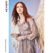 蓮燦春秋新商場(chǎng)同款甜美風(fēng)荷葉邊碎花V領(lǐng)長(cháng)袖雪紡長(cháng)連衣裙女 粉藍 M