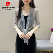 皮爾卡丹夏季新款小披肩薄款冰絲防曬衣短款大d碼網(wǎng)紗外搭開(kāi)衫蕾絲外套女 5001#銀絲灰 【中袖】 L 【建議105-128斤】