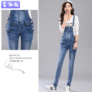 麥潮尚牛仔背帶褲女春秋韓版學(xué)院風(fēng)修身顯瘦彈力背帶牛仔連體吊帶小腳褲 加絨 6005不淺藍(lán)色 L 建議-110斤