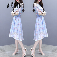妃莉杋（FeiLiFan）雪紡連衣裙女裝2024新款夏季韓版小個(gè)子氣質(zhì)顯瘦仙女碎花裙子夏天 藍色 L