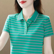 纖飛露棉質(zhì)短袖t恤女2025夏天新款中年polo衫條紋寬松韓版翻領(lǐng)上衣體T恤 湖綠 3XL 建議穿130-139斤