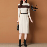 SXA香港潮牌長(cháng)袖針織連衣裙女秋冬新款條紋打底裙過(guò)膝百褶毛衣A字裙 卡其色 XL
