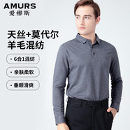 AMURS愛繆斯男裝春季新款POLO領(lǐng)羊毛長袖t恤混紡中年商務(wù)休閑高端體恤 灰色 52B（155~165斤穿）