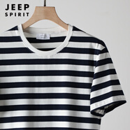 JEEP SPIRIT美式復古休閑?；晟老募灸惺繖M條紋色織印花t恤男圓領(lǐng)短袖打底衫 黑白粗條 2XL