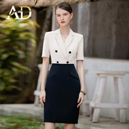 AD白色短袖西裝連衣裙女夏接拼雙排扣西服裙職場白領通勤女裝 連衣裙 L