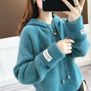 記述春秋仿水貂新款毛衣女寬松慵懶風(fēng)連帽套頭上衣潮 8008湖藍(lán) #M(建議85-105斤)