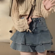 蘭威費雷美式復古高腰牛仔半身裙女ins夏季新款蛋糕短裙辣妹百褶短裙17735 藍色 【現貨】 S