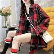 云皎春裝毛呢格子襯衫寬松港味百搭外套女裝 0033紅色 XL (115-125斤)