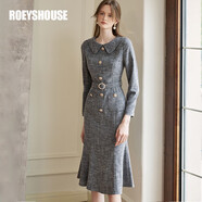 ROEYSHOUSE羅衣減齡娃娃領系帶連衣裙女秋冬新款優(yōu)雅肌理感魚尾裙09616 花灰色 2XL