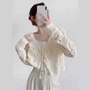 稚約藍色v領(lǐng)系帶空調破洞針織衫女鉤花鏤空長(cháng)袖防曬開(kāi)衫外套女夏薄款 杏色 均碼