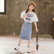 3-6-12歲女孩子夏天短袖套裝 夏季女童洋氣半身裙套裝2022新款韓版短袖公主兒童衣服 女童泡泡短袖+牛仔裙套裝 130碼