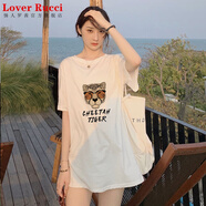 LOVER RUCCI短袖女中長(cháng)款遮臀t恤夏季圓領(lǐng)白色純棉體恤寬松大版下體失蹤上衣 白色(豹子款) M